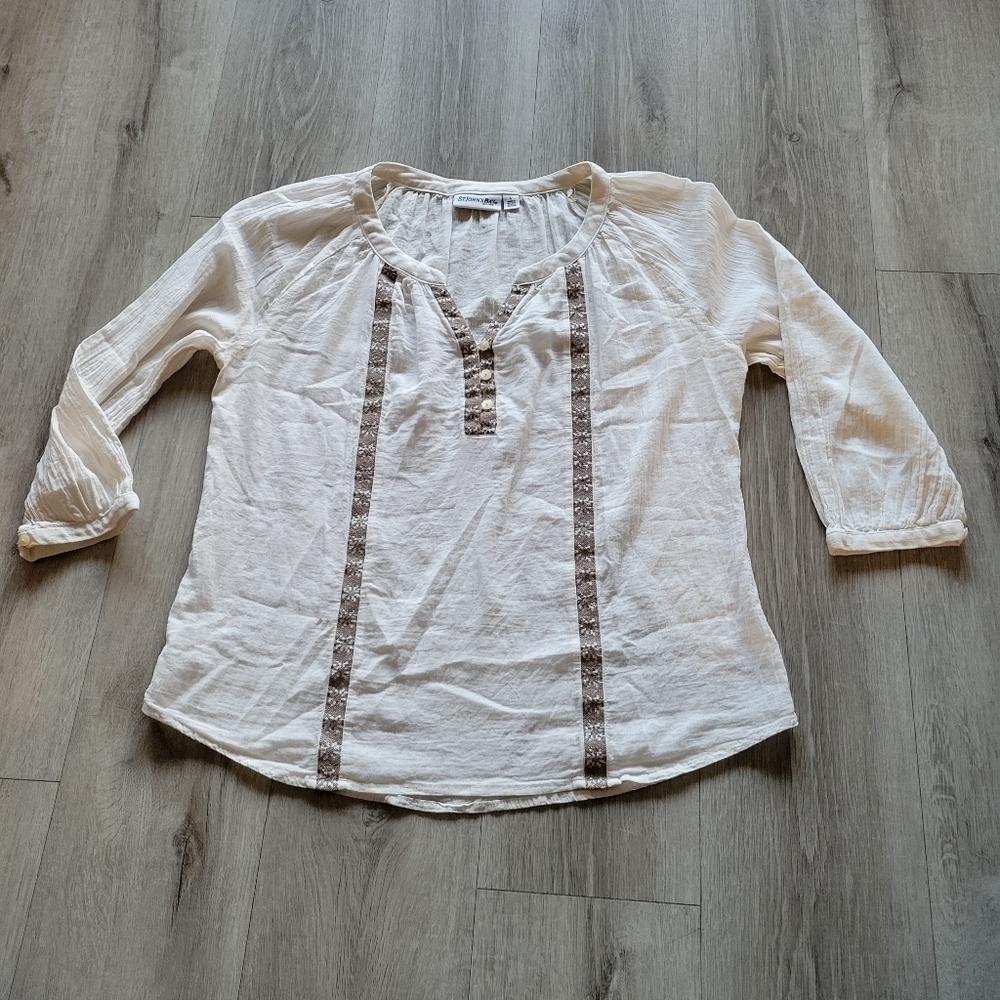 Women's L Cream St. John's Bay Cotton Embroidered 3/4 Sleeve Blouse